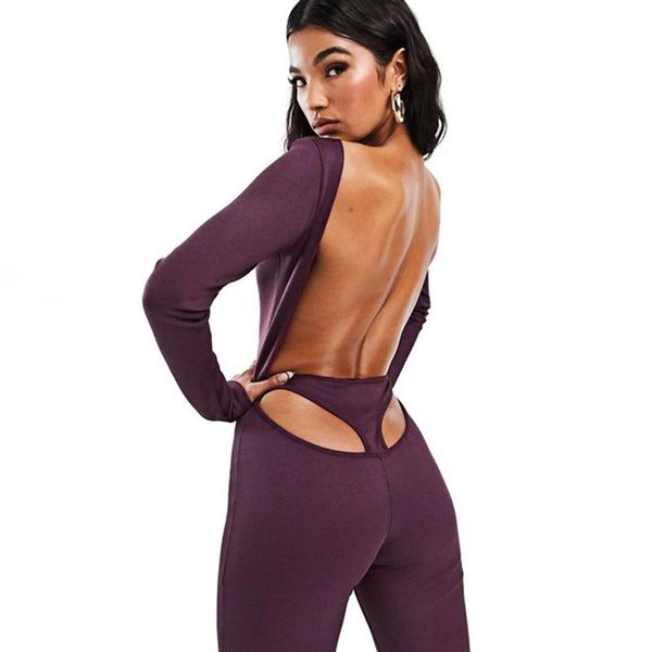 

test lady backless jumpsuits spring 2021 long sleeves scoop neck hollow out skinny rompers flare pants nightclub party women's &, Black;white
