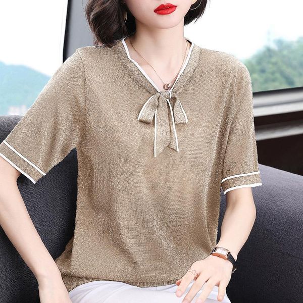

women's blouses & shirts summer women knit blouse shirt short sleeve v-neck knitted pullover blusas mujer de moda 2021 e978, White