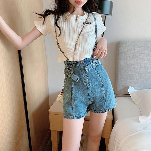 

women's shorts wide-legged capris elastic waist suspender korean style fashion clothing 2021 casual denim high female jean, White;black