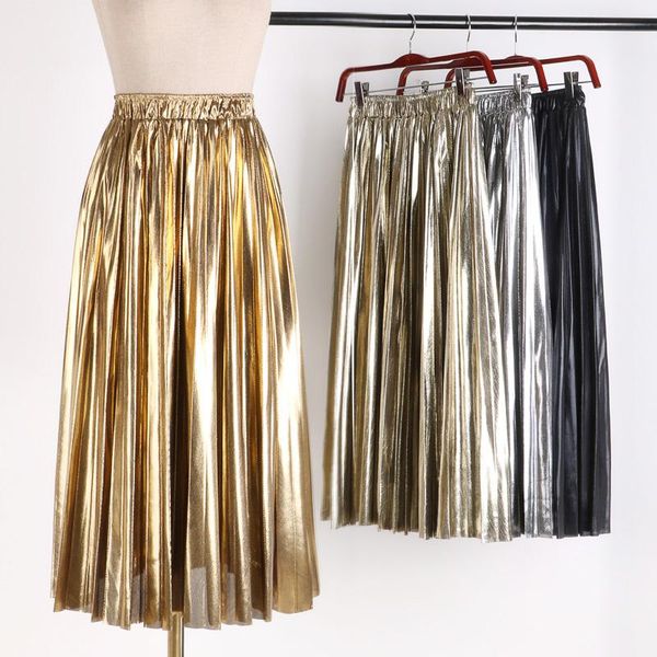 

skirts spring women pleated skirt high waist long section a-line reflective fabric middle ladies swing, Black