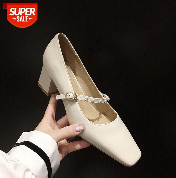 

women's high heels pumps retro pearl french thick heel square toe mary jane shoes #fy0d, Black