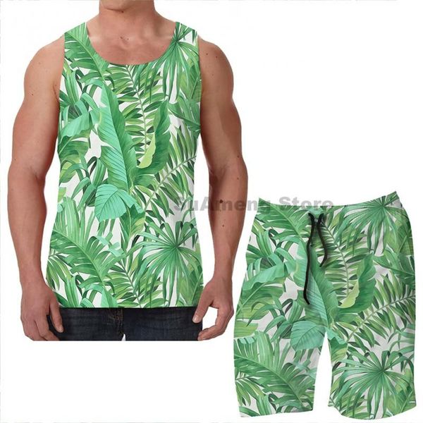 

men's tracksuits summer funny print men tank women green tropical leaves ii beach shorts sets fitness vest, Gray