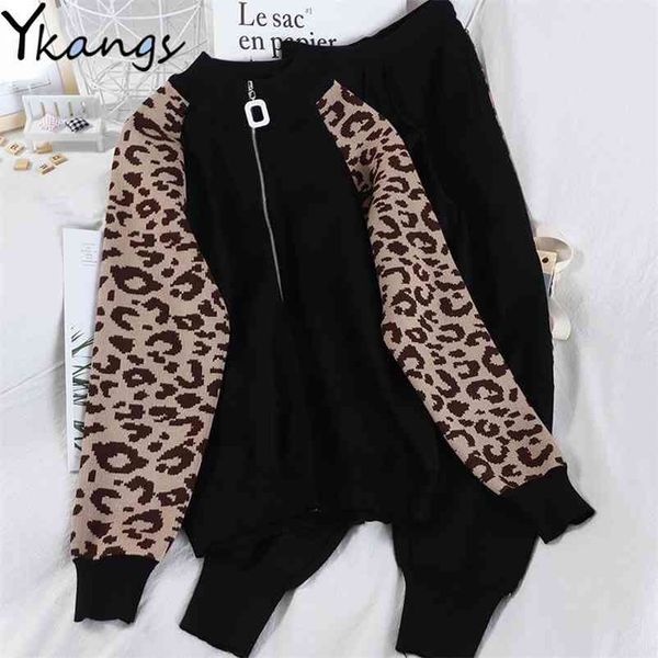 

tracksuit women leopard knit zip cardigan +pants suit 2pcs sets long sleeve jacket coat woman casual sweater trousers suits 210421, White