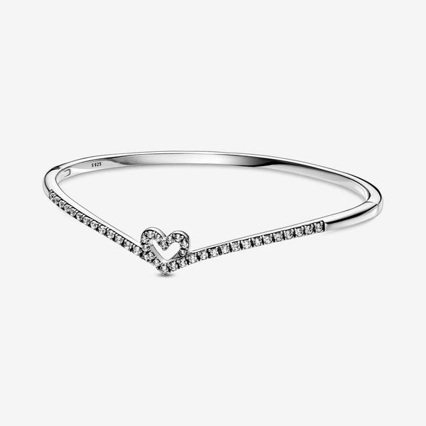 

genuine high polish 100% 925 sterling silver sparkling wishbone heart bangle women fashion wedding engagement jewelry accessories, Black