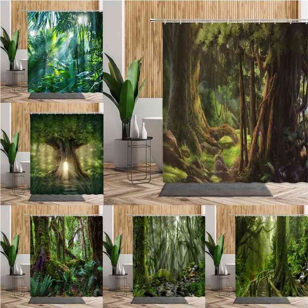 Yeşil Orman Duş Perdesi Yaz Orman Ağacı Banyo Banyo Dekorasyon Ev Dekor Doğal Peyzaj 3D Oturma Odası Perdeleri Set 210609