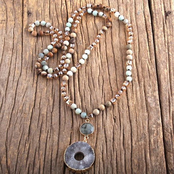 

fashion boho jewelry accessory 6mm stones long knotted with round druzy pendant necklaces femme bohemia necklace gift, Silver