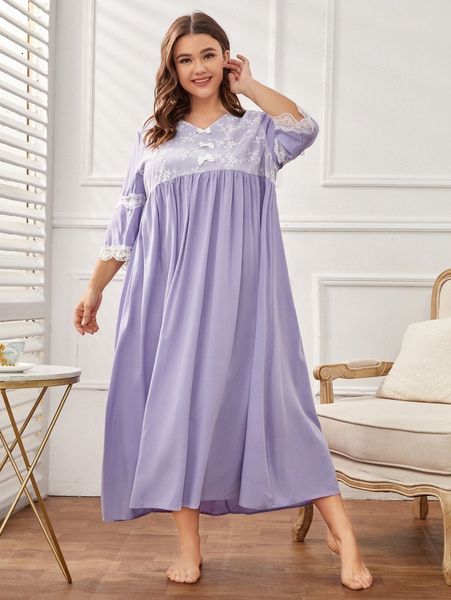 

plus lace trim bow front sleep dress v6bm#, Black;white