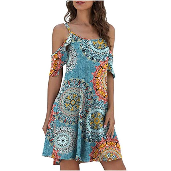 

ethnic clothing off-the-shoulder loose dress women's summer casual print mini, Red