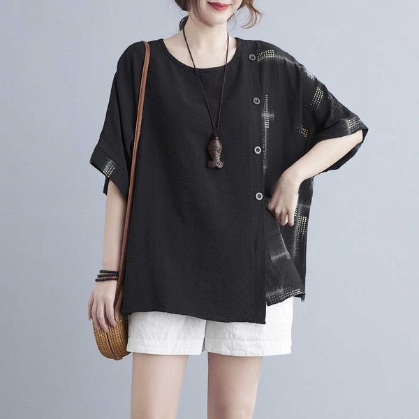 

summer oversized t-shirts women casual loose shirts o neck half sleeves button side splicing vintage femme tees 2021 women's t-shirt, White