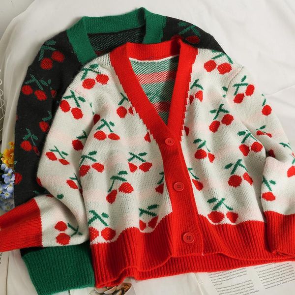 

women's knits & tees sueters de mujer contrast retro v neck cherry knitted cardigan crop fashion print long sleeve sweater fall women c, White