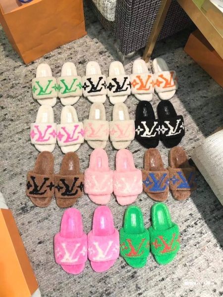 

high version l family pure lamb fur integrated wool slippers warm letters wear flat bottomed versatile lazy flip flops, Black
