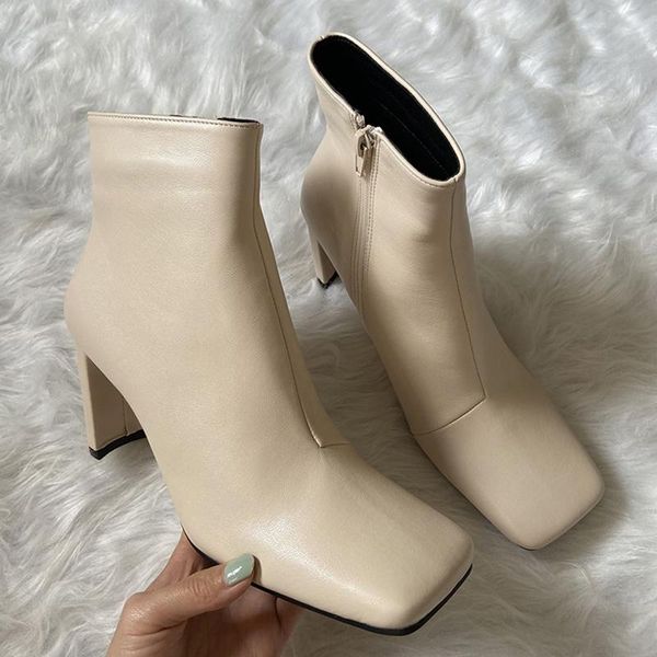 

boots 2021 ins luxury women 8cm chunky high heels ankle square toe beige brown pastel vintage lady plus size shoes, Black