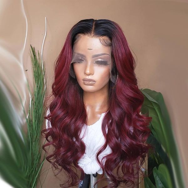 

synthetic wigs 99j red ombre wine body wave lace front for black women preplucked with baby hair daily wig 150% density fashion