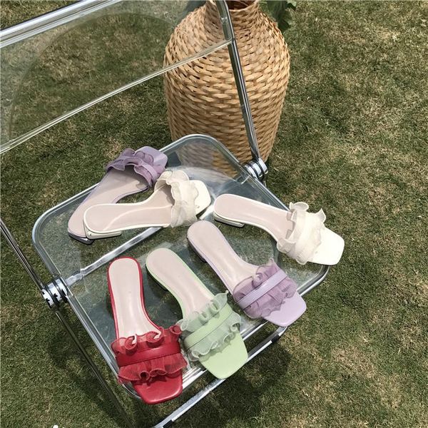 

rubber flip flops shoes ladies' slippers square toe low slipers women lace hawaiian block soft 2021 summer rome pu slides hoof, Black