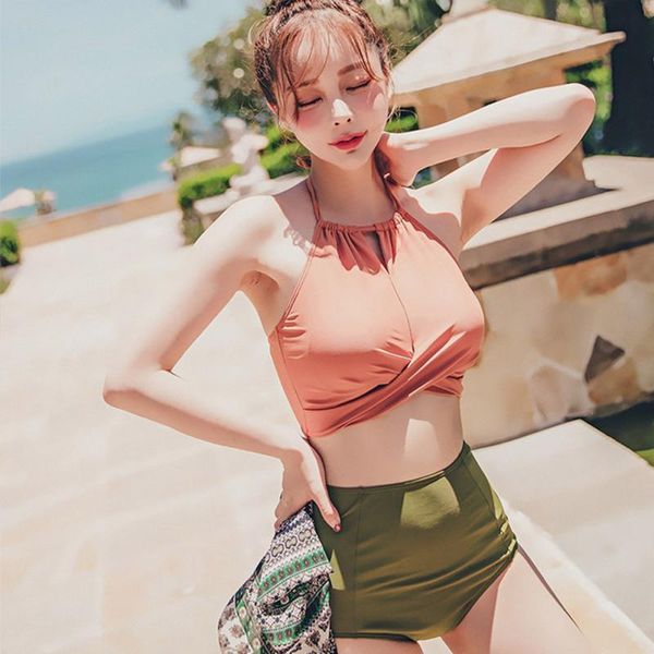 

women's swimsuit set halter split high waist solid bikini large size beach one-piece suits