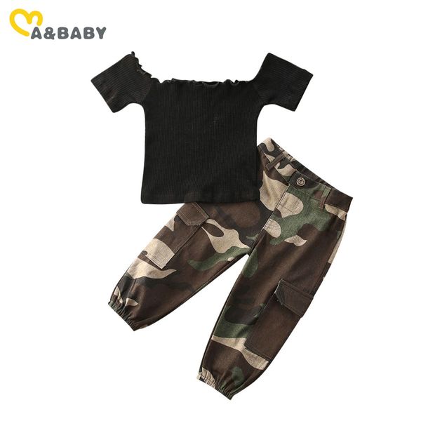 1-6Y Toddler Çocuk Çocuk Bebek Kız Giysileri Setleri Kapalı Omuz Siyah T Shirt Tops + Kamuflaj Pantolon Kıyafetler Kostümleri 210515