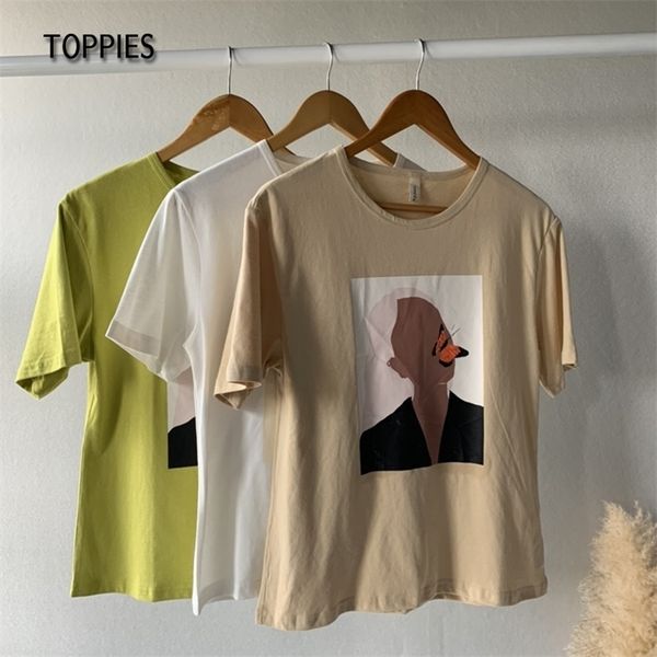 

ies 2021 summer girls abstract printing t-shirts korean woman 100% cotton, White