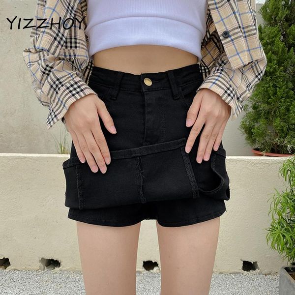 

skirts yizzhoy summer streetwear female a-line slim retro short ladies jeans women casual high waist hole mini denim skirt, Black