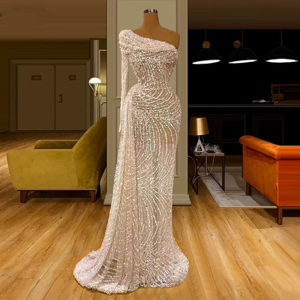 In rilievo Una Spalla Sparkly Prom Dresses Lungo Dubai Glitter Robe De Soiree Abito Da Sera Arabo 2021 Donne Abiti Del Partito Abiti
