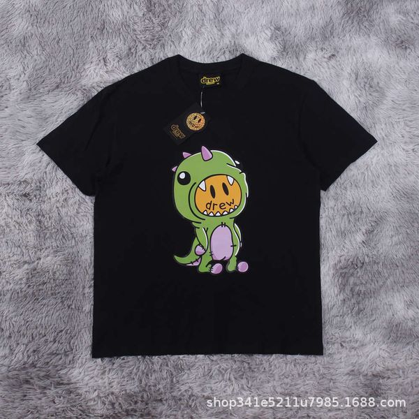 

drew smiley face cartoon dinosaur print short sleeve high street loose round neck t-shirt for men and women, White;black