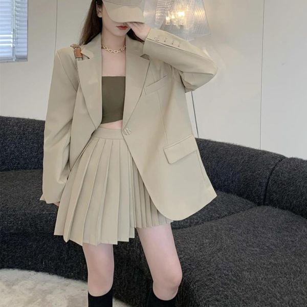 

women's jackets autumn two-piece suit coat women loose mid-length british style casual jacket fashion pleated skirt, Black;brown