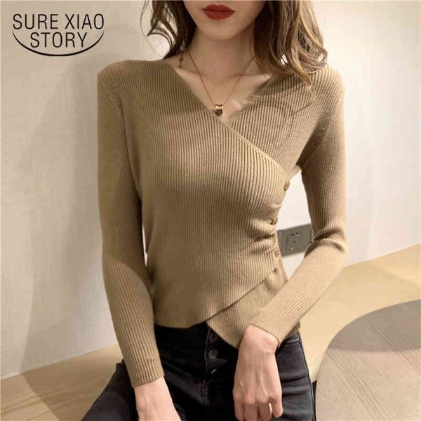 

autumn women cross v-neck full sleeve pullovers sweaters girls knitted knitwear side buttons sweater crop for female 11784 210415, White;black
