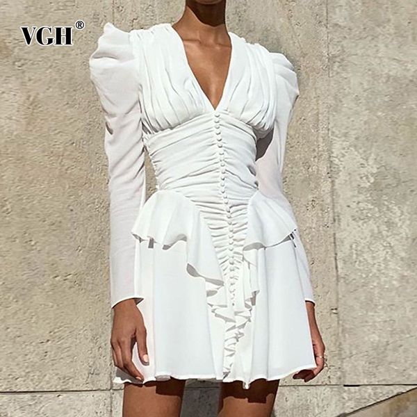 

vgh patchwork ruffle black dress for women v neck long sleeve high waist slim dresses female fashion new clothing tide 210421, Black;gray