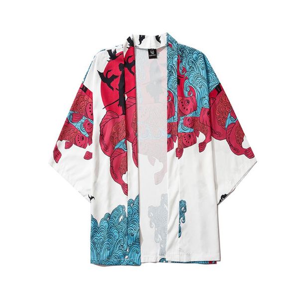 

harajuku japanese ukiyo-e painted print kimono men women loose seven-point sleeve shirt 1pc masculina camisa camisas men's casual shirt, White;black