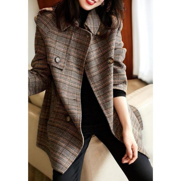 

women's wool & blends plaid woolen coat women 's mid-length double-breasted overcoat , 2021 winter slimming, Black