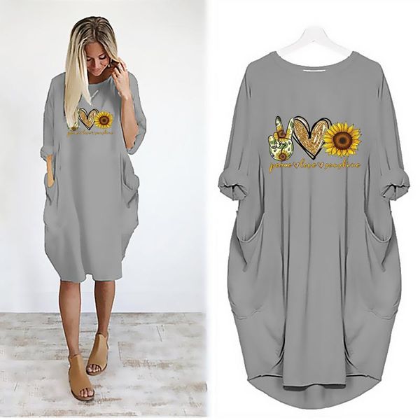 

woman vintage dress sunflower printing pocket loose women dresses vestidos party club casual plus size 5xl midi, Black;gray