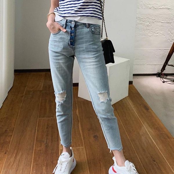 

women's jeans women hand-worn hole irregular washed old ankle-length pants, Blue