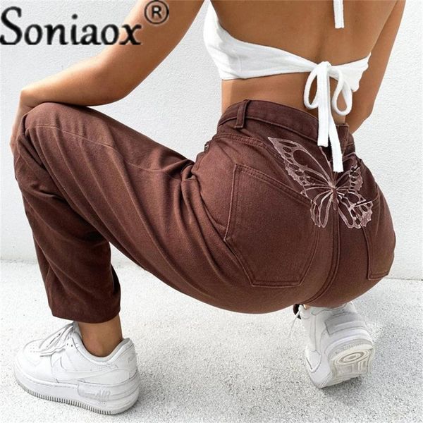 

women's jeans fashion butterfly print denim pants ladies high waist wide leg 2021 women streetwear straight, Blue