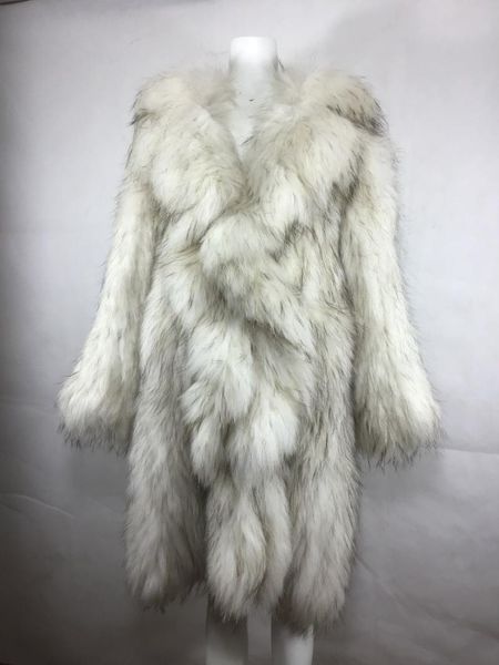 

women's fur & faux thick full length hand knitted real white raccoon coat large turn down collar crochet outwear plus size jacket, Black