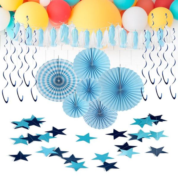 

party decoration 1 set blue hanging swirls star bunting banners paper fan tassel for gathering