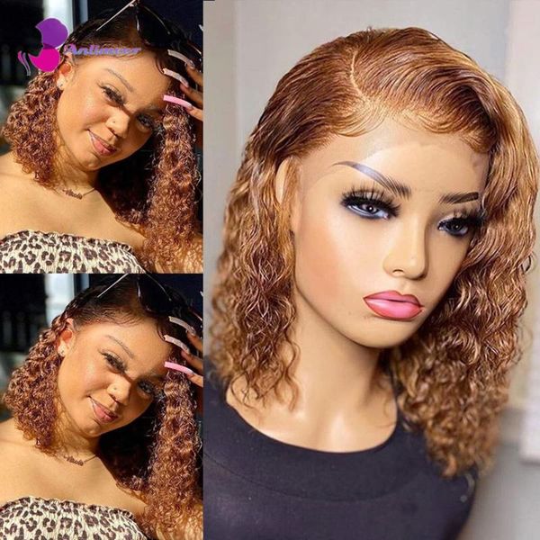 

lace wigs short curly bob with baby hair for black women pre plucked wave brazilian virgin brown honey blonde color wig, Black;brown