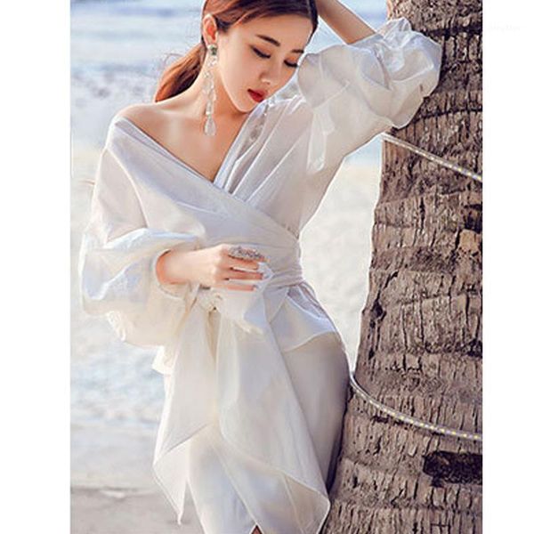 

plus size s-5xl women lantern sleeve blouse cotton vintage loose white shirts blouses bow lace up v-neck elegant women's &
