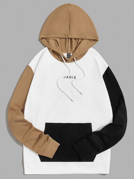 

men colorblock & letter graphic kangaroo pocket sweatshirt m4g3#, Black