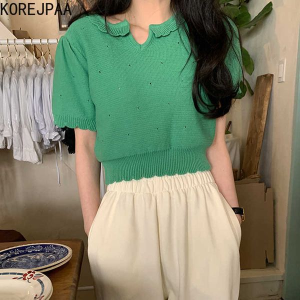 

korejpaa women sweater summer korean chic female sweet age-reducing lace lapel thin loose puff sleeve knitted pullovers 210526, White;black