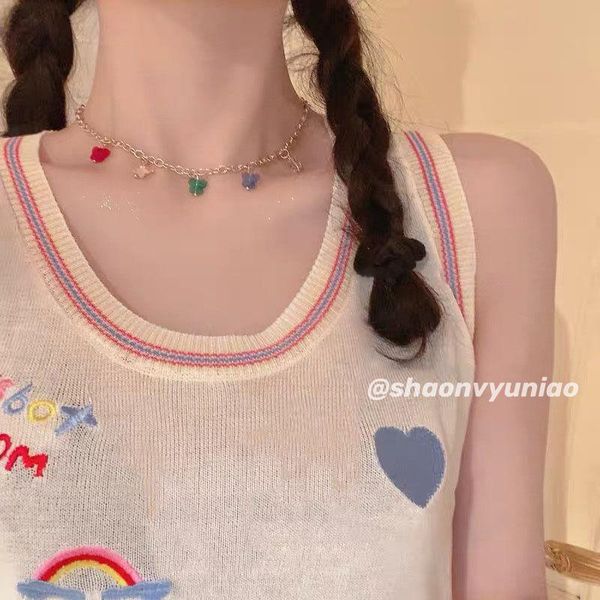 

pendant necklaces 2021 y2k aesthetic colorful butterfly necklace green pink blue golden collarbone chain for woman jewelry, Silver