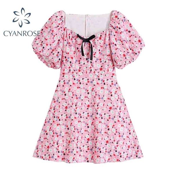 

floral print daisy women dress summer puff short sleeve mini pink dresses sweet casual boho beach retro vestido 210515, Black;gray