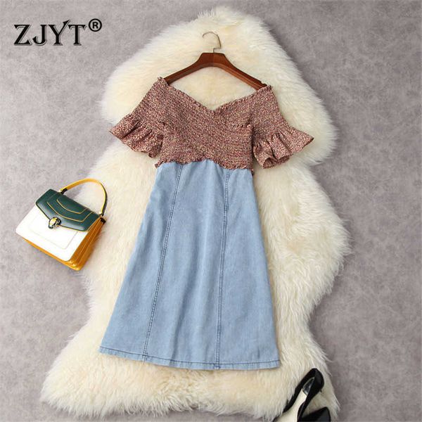 

summer fashion streetwear women's designer slash neck off the shoulder patchwork print denim dress casual robe female clothing 210601, Black;gray