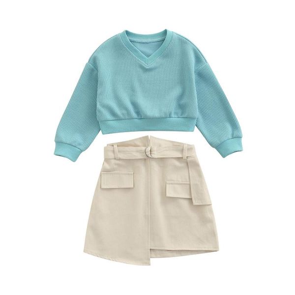 

clothing sets 2021 kids baby fashion girl autumn blue solid long sleeve knit round neck sweater+pockets a-line skirt 2pcs 0-6years, White
