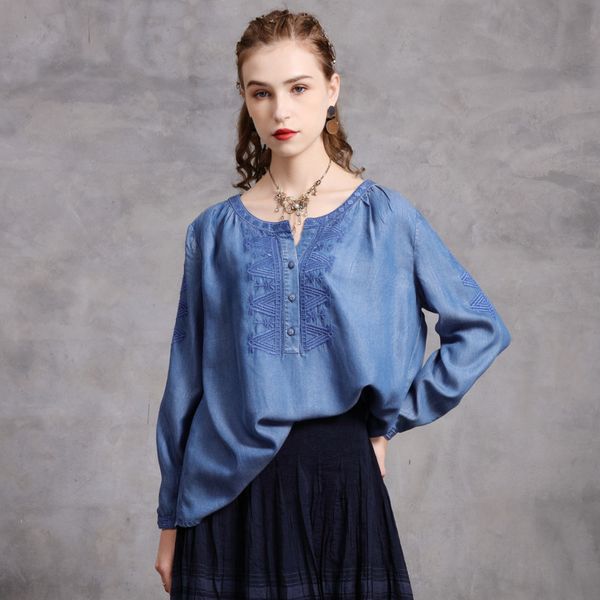

johnature women embroidery floral denim t-shirts vintage loose button o-neck long sleeve autumn original female t-shirt 210521, White