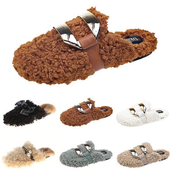 

discount newly autumn winter womens slippers metal chain all inclusive wool slipper for women outer wear plus big szie muller half drag shoe, Black