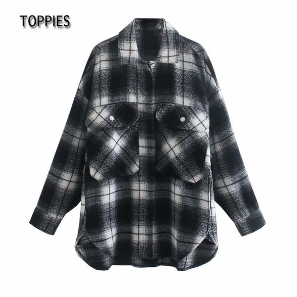 

ies women plaid shirt jacket loose oversized coat female long jacket fashion streetwear 210412, Black;brown