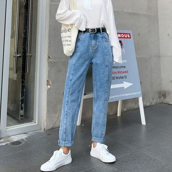 

vintage high waist straight pant women jeans streetwear loose denim buttons zipper ladies, Blue