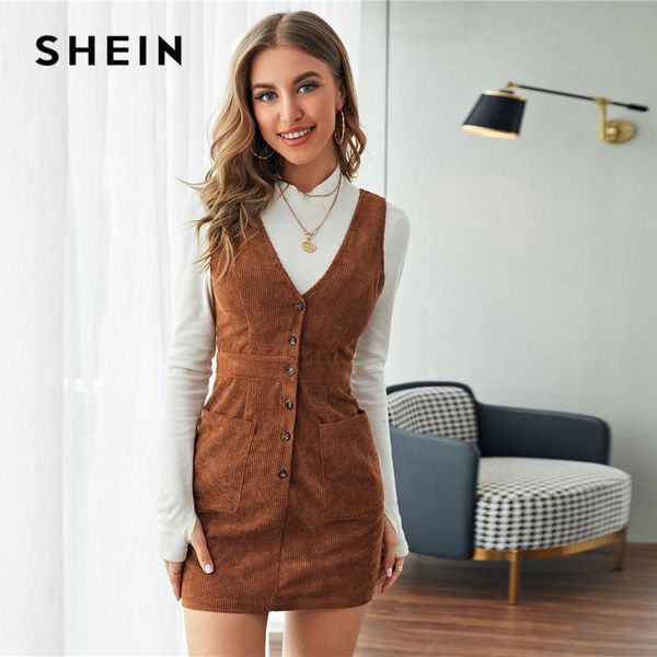 

casual dresses shein single breasted patch pocket cord overall dress women spring high waist straight pinafore solid short, Black;gray