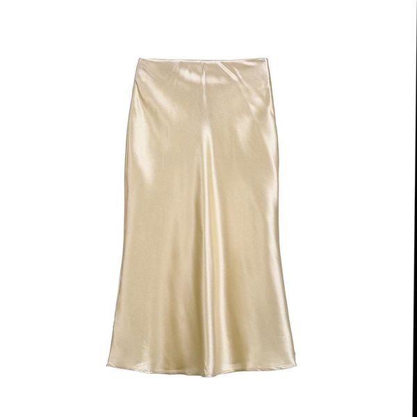 

skirts 2021fashion a-line long skirt shinny elegent stain silk soild color ladies, Black