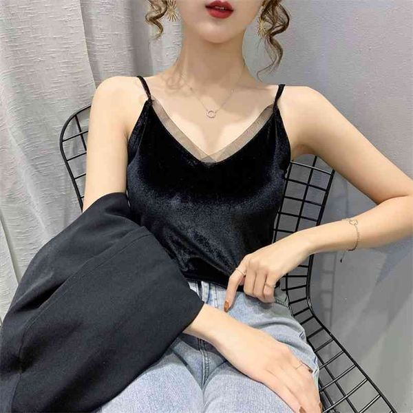 

lace female tank women velvet sleeveless v neck womens camisole halte slim summer woman clothe 210507, White