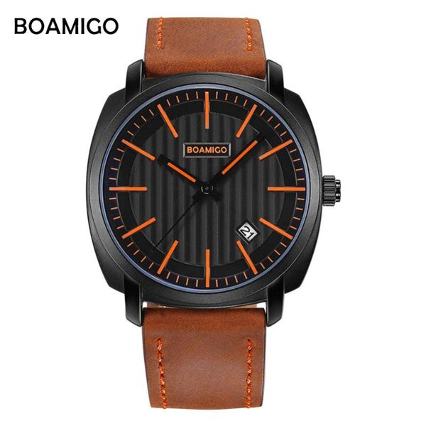 

wristwatches boamigo brand fashion trendy men watches quality male quartz watch genuine leather strap waterproof date gift box, Slivery;brown